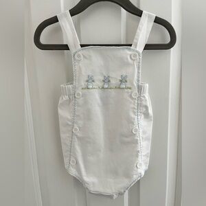 Bella Bliss White Easter Bodysuit Bubble with Blue Bunny Embroidery